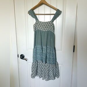 Whistles London Blue and White Patterned Tiered Flutter Sleeve Dress